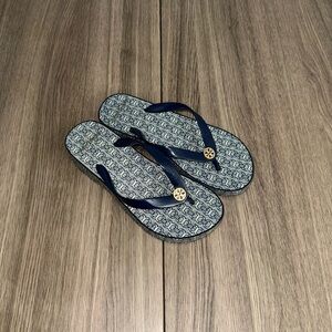 Tory Burch Wedge Flip Flops Navy Logo Sandals Size 6